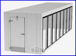 12 door (glass doors with metal shelving) walk in cooler with refrigeration