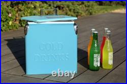 14-Qt Retro Vintage Portable Ice Chest, Hard Metal Personal Cooler for Campin