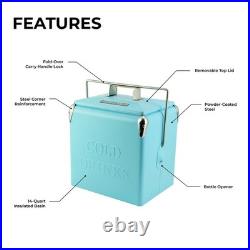 14-Qt Retro Vintage Portable Ice Chest, Hard Metal Personal Cooler for Campin