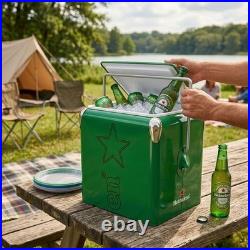 14Qt Heineken Metal Cooler Box Rugged Camping Ice Chest Insulated Beer Chiller