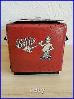 1930s DELAWARE PUNCH Salesman Mini Sample Soda Pop Bottle Metal Cooler Gas & Oil