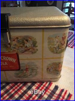 1940's 50s Metal Litho Scenes Royal Crown Cola Cooler Best By Taste Test withtray