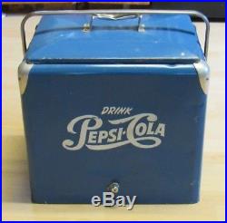 1950 Vintage Pepsicola Cooler Blue Metal White Lettering Clean Trap Bottle Open