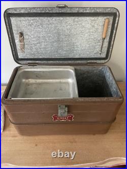 1950's Little Brown Chest Ice Box Cooler All Metal Hemp & Co with Tray & Icepick