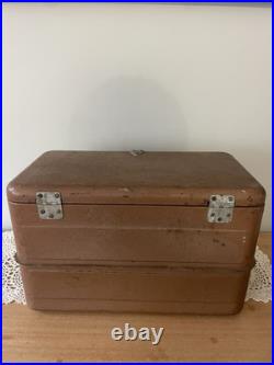 1950's Little Brown Chest Ice Box Cooler All Metal Hemp & Co with Tray & Icepick