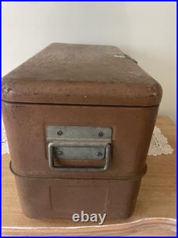 1950's Little Brown Chest Ice Box Cooler All Metal Hemp & Co with Tray & Icepick