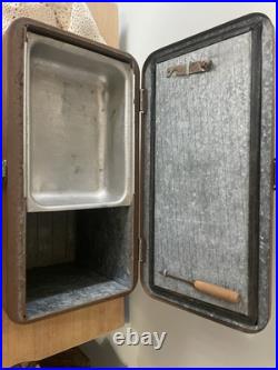 1950's Little Brown Chest Ice Box Cooler All Metal Hemp & Co with Tray & Icepick