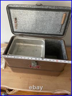 1950's Little Brown Chest Ice Box Cooler All Metal Hemp & Co with Tray & Icepick