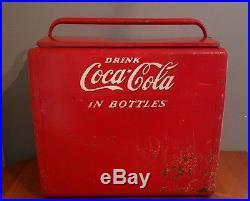 1950's Vintage Red Coca Cola Coke Metal Cooler, made by Cavalier, raised letters