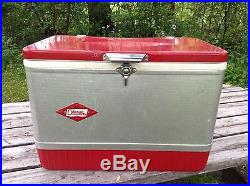 1964 Red/Silver Coleman Cooler Metal Chest Cooler with Handles Diamond Pattern