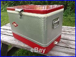 1964 Red/Silver Coleman Cooler Metal Chest Cooler with Handles Diamond Pattern