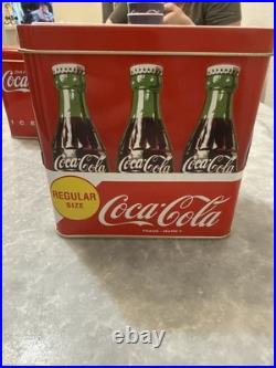 2 Vintage Coca-Cola 6-Pack Metal Carrying Tin Cooler Red 1970s-80s Handy Carry