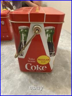 2 Vintage Coca-Cola 6-Pack Metal Carrying Tin Cooler Red 1970s-80s Handy Carry