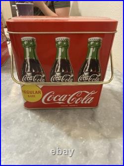 2 Vintage Coca-Cola 6-Pack Metal Carrying Tin Cooler Red 1970s-80s Handy Carry