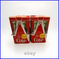 2 Vintage Coca-Cola 6-Pack Metal Carrying Tin Cooler Red 1970s-80s Handy Carry