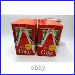 2 Vintage Coca-Cola 6-Pack Metal Carrying Tin Cooler Red 1970s-80s Handy Carry