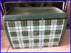 40s Bonnie Green Plaid Metal Ice Chest Cooler WithHandle Vtg Car RV Trailer Rally