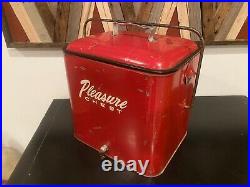 50's Red Pleasure Chest Metal Cooler with Bottle Opener & Drain Vintage Antique