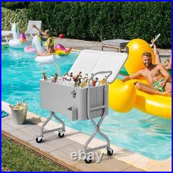 80 Qt Rolling Ice Chest, Portable Bar Drink Cooler withCatch Basin, Bottle Opener 80 Qt Rolling Ice Chest, Portable Bar Drink Cooler withCatch Basin, Bottle Opener