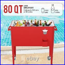 80 Quart Outdoor Cooler Cart Rolling Ice Cooler Ice Chest Portable Drink Cooler