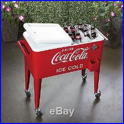 80 Quart Rolling Coca-Cola Cooler Ice Chest Tailgate Deck Party Insulated Metal