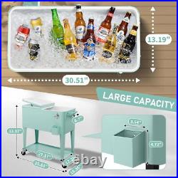 80 Quart Rolling Ice Chest, Portable Bar Drink Cooler withCatch Basin, Storage Tray 80 Quart Rolling Ice Chest, Portable Bar Drink Cooler withCatch Basin, Storage Tray