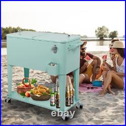 80 Quart Rolling Ice Chest, Portable Bar Drink Cooler withCatch Basin, Storage Tray 80 Quart Rolling Ice Chest, Portable Bar Drink Cooler withCatch Basin, Storage Tray