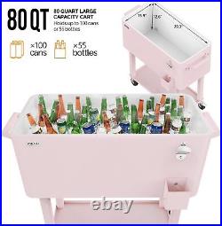 80 Quart Rolling Ice Chest, Portable Patio Party Bar Drink Cooler Cart, with She