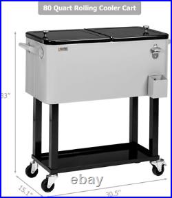 80 Quart Rolling Ice Chest, Portable Patio Party Bar Drink Cooler Cart, with She