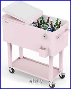 80 Quart Rolling Ice Chest, Portable Patio Party Bar Drink Cooler Cart, with She