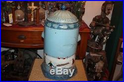 Antique Metal Water Cooler Dispenser Painted Farm Barn Winter Scene Sleds Dog