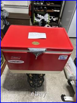 Beautiful Vintage 1975 Coleman Red Metal Cooler White Bottom 18 1/4 X 13 1/2