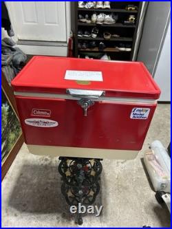 Beautiful Vintage 1975 Coleman Red Metal Cooler White Bottom 18 1/4 X 13 1/2