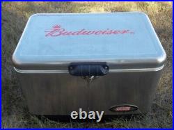 Budweiser Coleman Steel Belted Cooler Ice Box EUC USA Patent Pending Uncommon