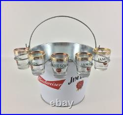 Budweiser and Jim Beam Collaboration Metal 6 Pack Beer Ice Bucket w Shot Glasses