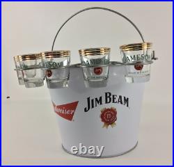 Budweiser and Jim Beam Collaboration Metal 6 Pack Beer Ice Bucket w Shot Glasses