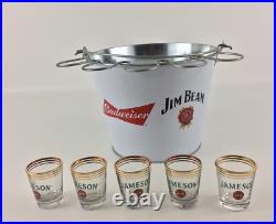 Budweiser and Jim Beam Collaboration Metal 6 Pack Beer Ice Bucket w Shot Glasses