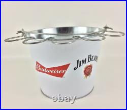 Budweiser and Jim Beam Collaboration Metal 6 Pack Beer Ice Bucket w Shot Glasses