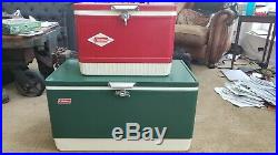 CLEAN VINTAGE PAIR COOLER 80 Quart Green Steel Colossal + Red smaller CAMPING