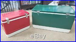 CLEAN VINTAGE PAIR COOLER 80 Quart Green Steel Colossal + Red smaller CAMPING