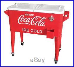 Coca Cola Metal Cooler Rolling Wheels 80-qt Vintage Retro Style Patio Porch Ice