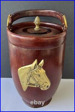 Cairns & Brother Rare Leather Ice Bucket with Lid Equestrian Brass Horse 13x8