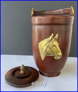 Cairns & Brother Rare Leather Ice Bucket with Lid Equestrian Brass Horse 13x8