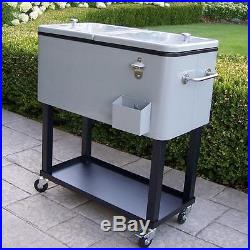 Chest Cooler Cart 80 Quart Metallic Silver Outdoor Camping Hiking Picnic Party