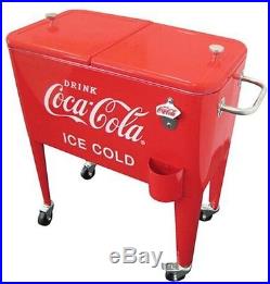 Coca-Cola Cooler 60 Qt. Ice Cold Retro Red Metal Rolling Wheels Party BBQ New