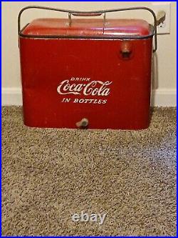 Coca-Cola In Bottles Embossed Vintage Metal Red Cooler 1950's Cavalier? USA