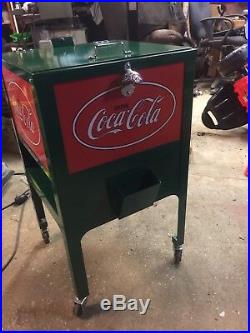 Coca-Cola Metal Rolling Ice Box Display Cooler Cart Green Red Great Shape VHTF