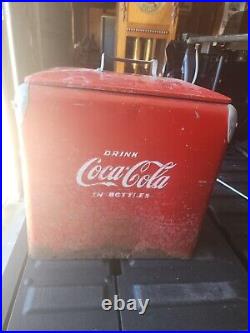 Coca Cola Vintage Metal Cooler 50-40s Red Icebox With Lid & Bottle Opener