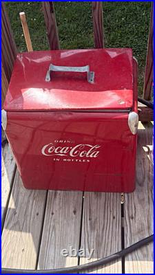 Coca-Cola Vintage Metal Cooler Ice Chest with Handle Red Silver Drink Coca-Cola