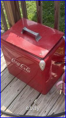 Coca-Cola Vintage Metal Cooler Ice Chest with Handle Red Silver Drink Coca-Cola